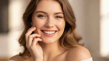 Beautiful Young Woman Smiling Brightly with Wavy Hair in Natural Light