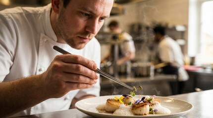 Professional chef plating gourmet dish with tweezers in restaurant kitchen