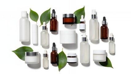Assorted Skincare Bottles and Jars with Green Leaves on White Background