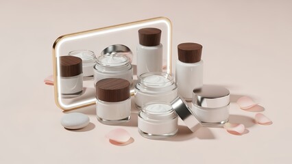 Skincare Jars Bottles with Mirror in Soft Pink and White Minimalist Style for Beauty and Cosmetic Products