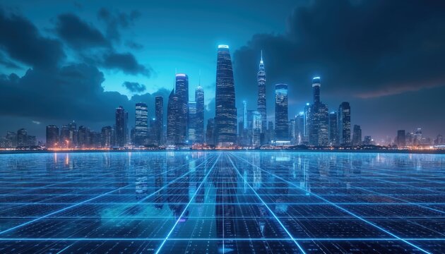 Modern cityscape with glowing neon grid overlay. Tall skyscrapers dominate skyline at dusk. Abstract digital network interface reflects on wet surface.