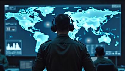 Military personnel monitor world map on screen. Soldiers in control room analyze data using high tech systems. Team works on global security intelligence strategy indoors. Wear headsets, dark uniform.