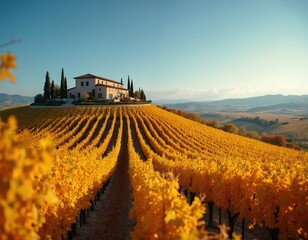 Obraz premium Italian villa atop hill amid golden vineyard rows. Harvest season offers clear blue sky over rolling Tuscan hills. Autumn landscape with grape vines and cypress trees.
