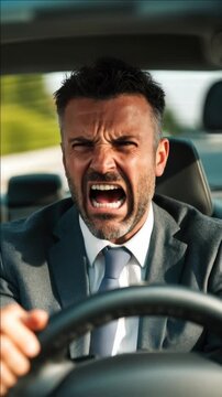 The man is yelling while driving a car.
