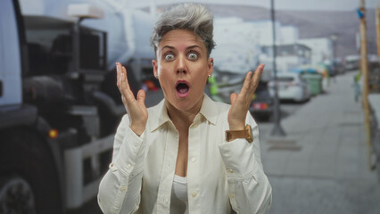 Woman rubbing temples on urban street beside parked trucks and cars under bright daylight; exhaustion.