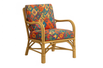 Rattan armchair with colorful bohemian cushion creating a vintage and comfortable furniture piece on transparent background