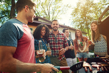 Barbecue, cooking and help with friends outdoor for bonding, lunch and social reunion. Bbq grill, cookout hangout and alcohol drink with people in backyard of home for event, party and celebration