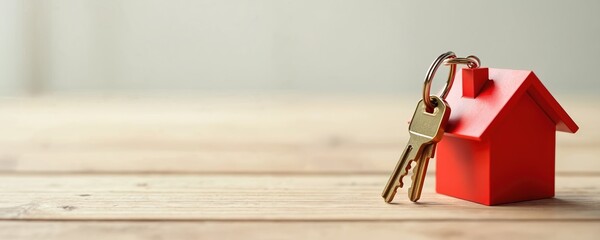 Red house keychain with two brass keys rests on a light wooden table surface. Represents home ownership new beginnings and property purchase concepts. Minimalist and clean composition.