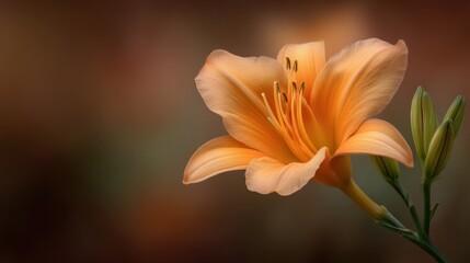 Obraz premium Delicate Orange Lily Blooming Against a Softly Blurred Background Highlighting Its Petals and Buds in a Serene Nature Setting