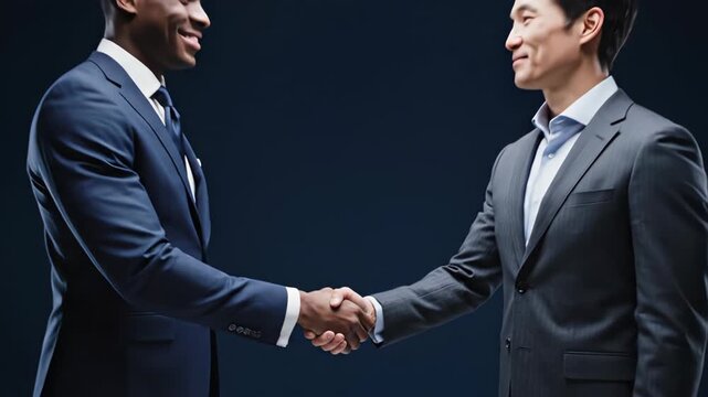 Two business professionals, one African American and one Asian, engage in a firm handshake, showcasing mutual respect and collaboration, camera captures the moment with a smooth zoom in