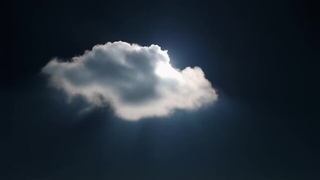 A single cloud illuminated by sunlight against a dark background, creating a dramatic visual	