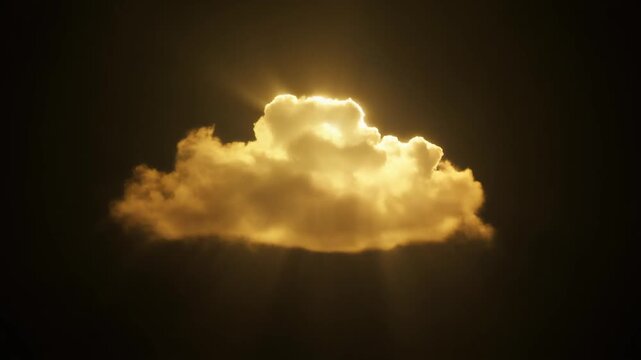 A single cloud illuminated by sunlight against a dark background, creating a dramatic visual	