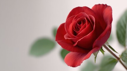 Fototapeta premium Beautiful close-up of a single red rose with velvety petals and green leaves against a soft neutral background, evoking romance and elegance in nature.
