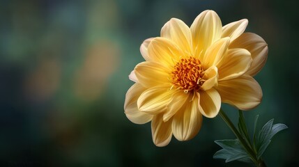 Bright Yellow Dahlia Blooming in Soft Focus Background with Delicate Petals and Vibrant Center, Celebrating Nature's Beauty and Springtime Splendor