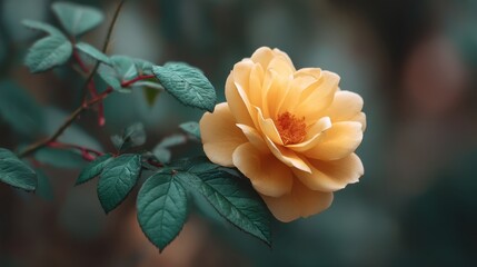 Beautiful close-up of a delicate yellow rose flower blooming among lush green leaves in a serene garden setting, showcasing natural beauty and softness.