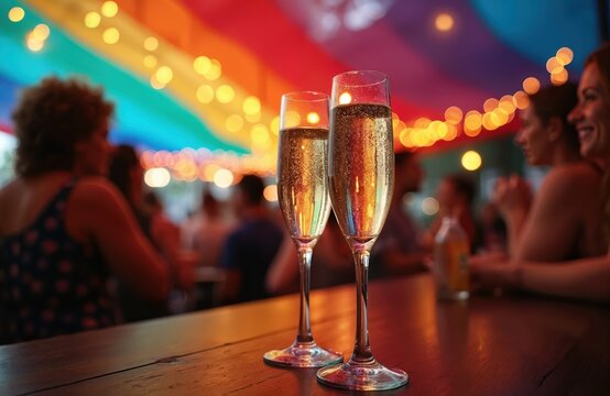 Two champagne glasses filled with sparkling wine on a bar. Celebration of LGBTQ pride, party atmosphere. Rainbow flag and blurred lights in background. People enjoy drinks and good time. - Powered by Adobe