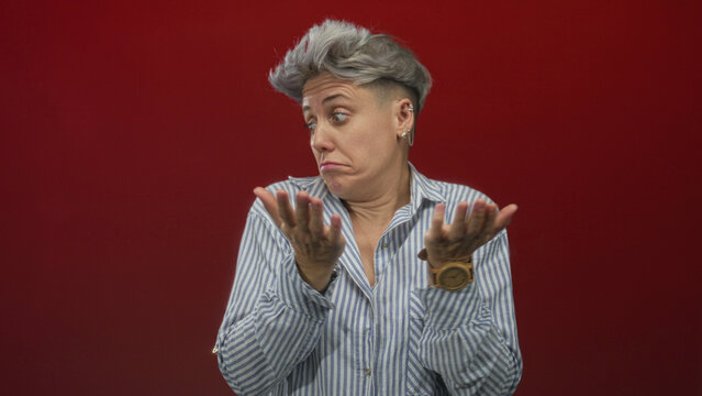 Woman in striped shirt shrugging her shoulders and raising palms in studio with red backdrop; uncertainty.
