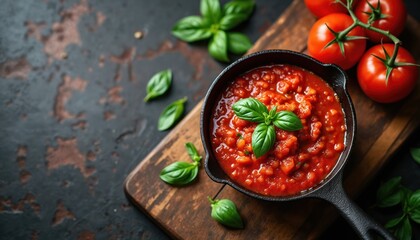 Cooked tomato sauce with fresh basil leaves in black pan. Ripe red tomatoes on vine are on wooden board with rustic dark background. Preparing classic italian pasta sauce.