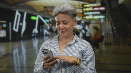 Shorthaired woman taps smartphone in busy airport terminal near information displays; connectivity...