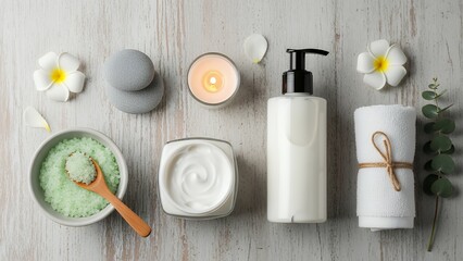 Spa and Skincare Products with White Towel and Flowers on Light Wooden Surface