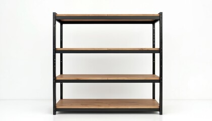 Modern industrial shelving unit features four open wood plank shelves supported by black metal frame. Offers versatile storage and display options for home or business.