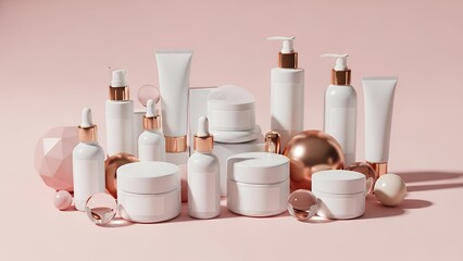 Elegant White Skincare Products with Rose Gold Accents on Soft Pink Background