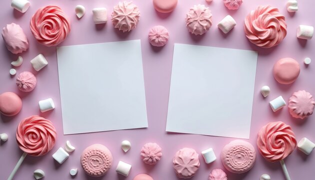 Two blank cards sit on a pastel purple background with pink candies and marshmallows. Space for text on cards for invitations, notes or party invites. Party and celebration themes.