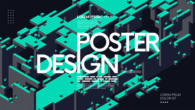 Futuristic structured composition with volumetric layers of geometric voxels arranged in axonometric projection. Complex geometric structure for futuristic digital artwork. Cyberspace poster template