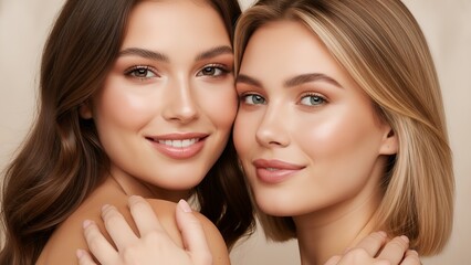 Two Young Women with Clear Skin and Natural Makeup Smiling Closely in Neutral Background