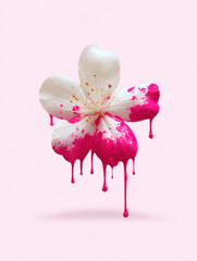 Fototapeta premium Floral Artistry: An exquisite white flower is artfully adorned with vibrant pink paint, the drips cascading down to create an abstract and captivating visual.