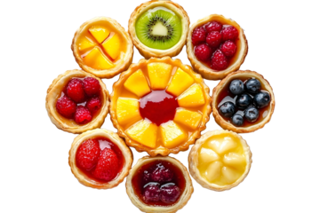 Assorted Delicious fruit custard pastry in a white plate with fruit topping sauce top view Isolated on white background