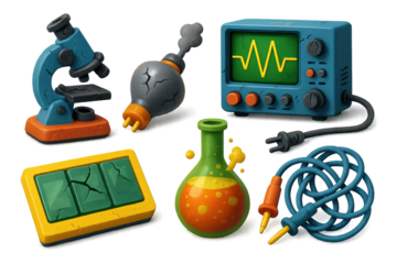 Abandoned Science Icons. 3D icon set of abandoned scientific equipment: broken microscope, analog oscilloscope, burned-out cathode