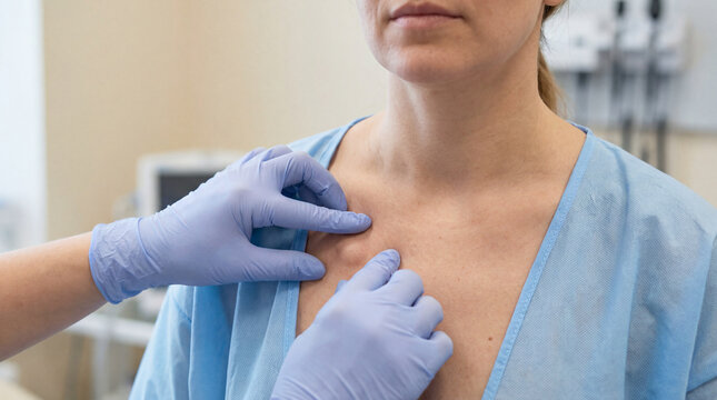 Doctor examining lump on woman's chest for breast cancer diagnosis