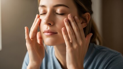 Young Woman Relaxing with Eyes Closed Touching Face Calm Mood Soft Lighting