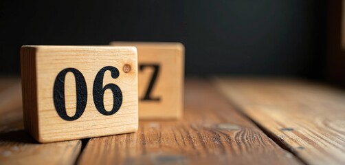 Wooden blocks display the number 6, with another block showing 7. These are set on a textured wooden surface with a dark background. Simple date representation.