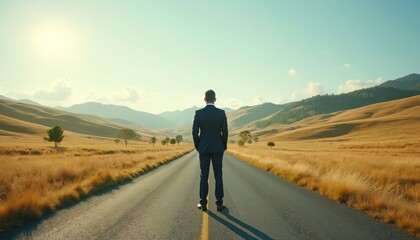Naklejka premium Man in suit stands on road, mountains behind. He faces crossroads, multiple paths ahead. Decision point for future career journey, new opportunities await.