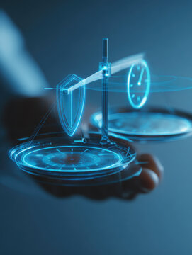 Balancing Act: The scales of justice, elegantly depicted with a futuristic, digital overlay, symbolizes equilibrium and the crucial balance between time and protection.