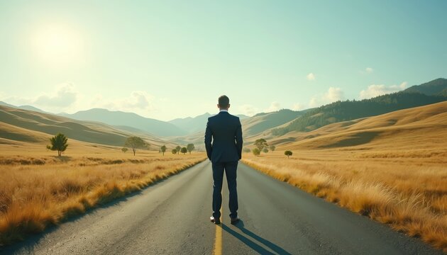 Man in suit stands on road, mountains behind. He faces crossroads, multiple paths ahead. Decision point for future career journey, new opportunities await.