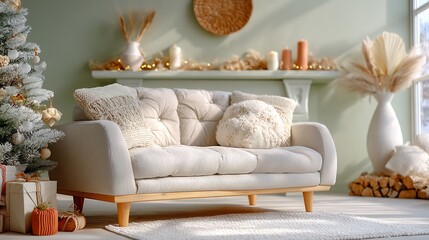 Neutral Christmas Living Room Interior with Cozy Couch, Minimalist Tree, and Festive Decorations, Bathed in Soft Natural Light for a Warm Holiday Ambiance