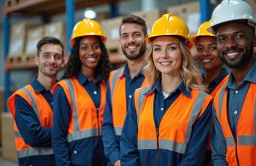 Diverse group of smiling warehouse workers stand together wearing hard hats and safety vests. Employees pose for portrait in stockroom with shelves. People ready for work.