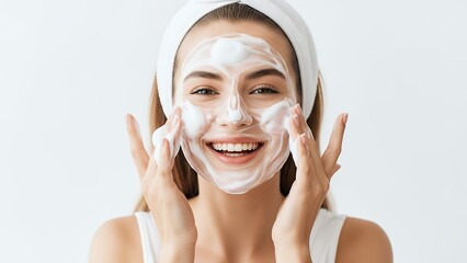 Happy Young Woman Wearing White Headband Applying Facial Cream in Bright Bathroom