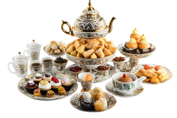 A process of enjoying an afternoon tea with assortments of desserts and snacks on a beautiful Moroccan style afternoon tea set isolated on white backgr
