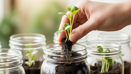 Hand Planting Seedling in Glass Jar with Soil and Water in Eco-friendly Gardening Environment