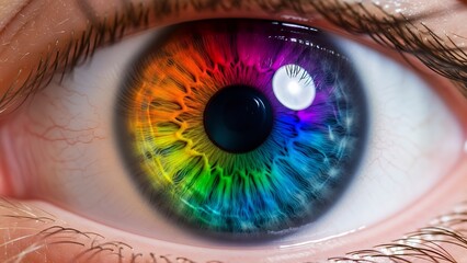 Close Up of Human Eye with Vibrant Rainbow Iris and Detailed Eyelashes