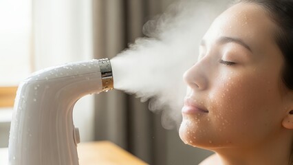 Young Woman Using Facial Steamer in Indoor Setting Relaxing Skincare Routine