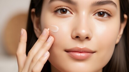 Obraz premium Young Woman Applying Skincare Cream on Face Closeup in Bright Modern Setting