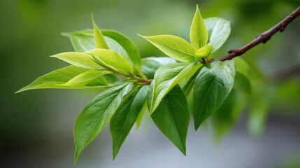 Fototapeta premium Fresh and Vibrant Green Leaves on a Branch with Soft Background in Nature, Symbolizing Growth, Renewal, and the Beauty of Springtime