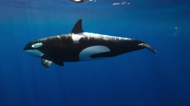 An orca gracefully swimming in the deep blue sea, its striking black and white pattern stands out against the underwater scene Stock Video