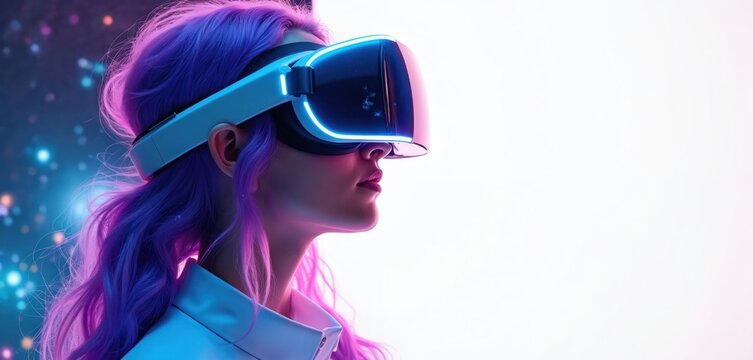 Woman with purple hair uses virtual reality headset in studio. Girl explores cyberspace wearing VR glasses. Tech fashion model in futuristic digital world. Augmented reality device future for - Powered by Adobe