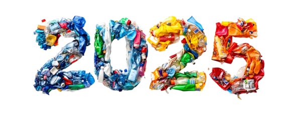 collection of plastic waste forming the text 2025 top view real image isolated on white background